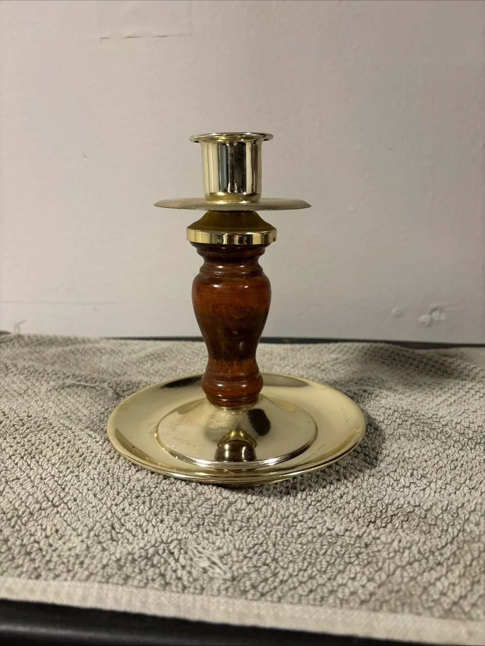 Home Interiors Brass and Wood Candle Holder in Gold and Brown